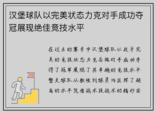 汉堡球队以完美状态力克对手成功夺冠展现绝佳竞技水平