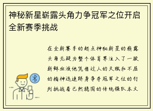 神秘新星崭露头角力争冠军之位开启全新赛季挑战
