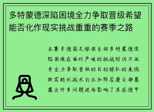 多特蒙德深陷困境全力争取晋级希望能否化作现实挑战重重的赛季之路