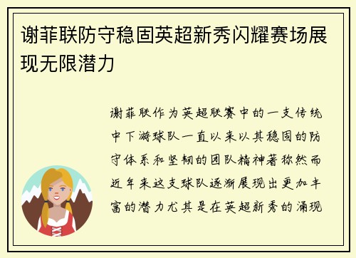 谢菲联防守稳固英超新秀闪耀赛场展现无限潜力