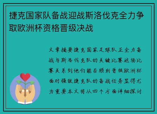 捷克国家队备战迎战斯洛伐克全力争取欧洲杯资格晋级决战