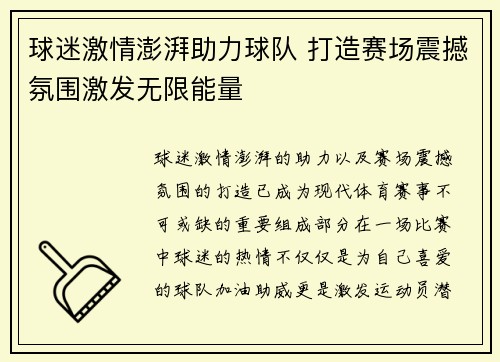 球迷激情澎湃助力球队 打造赛场震撼氛围激发无限能量