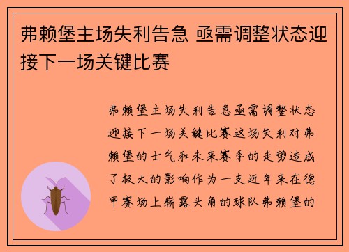 弗赖堡主场失利告急 亟需调整状态迎接下一场关键比赛