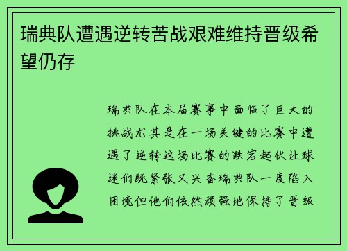 瑞典队遭遇逆转苦战艰难维持晋级希望仍存